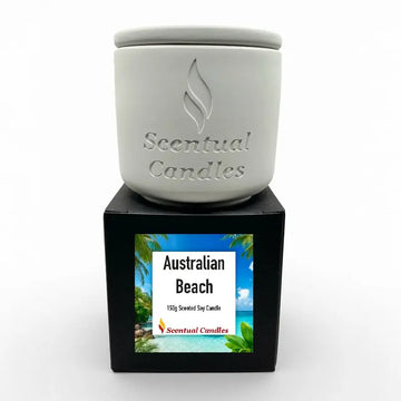 Relax Candle Pack - Scentual Candles Australian Beach scented soy candle in white jar on black box.