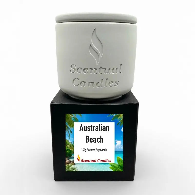 Relax Candle Pack - Scentual Candles Australian Beach scented soy candle in white jar on black box.
