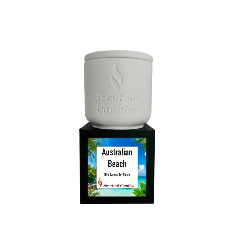 Relax Candle Pack Australian Beach scented candle in a white container with nature-inspired label.