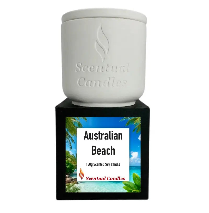 Australian Beach scented soy candle by Scentual Candles featuring fresh coastal design and 150g size.