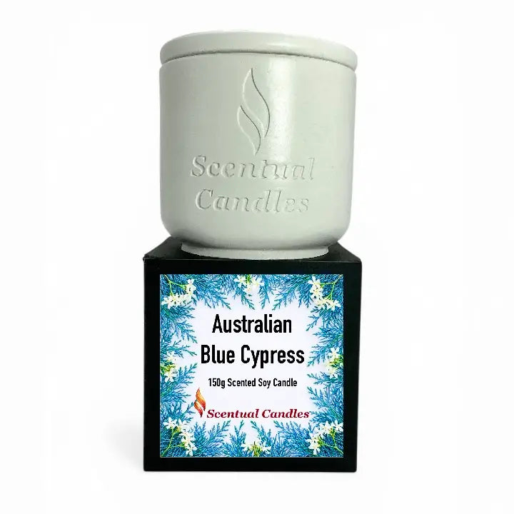Australian Blue Cypress Candle in a modern white jar with a colorful label, showcasing a 150g scented soy candle.