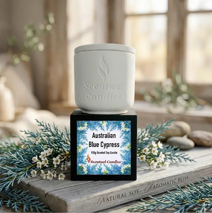 Australian Blue Cypress Candle in a decorative container with vibrant label design, showcasing scent and weight.