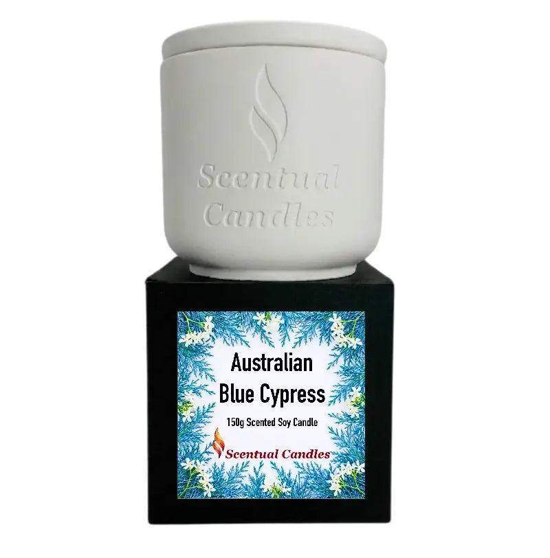 Australian Blue Cypress Candle in a decorative container with vibrant label design, showcasing scent and weight.