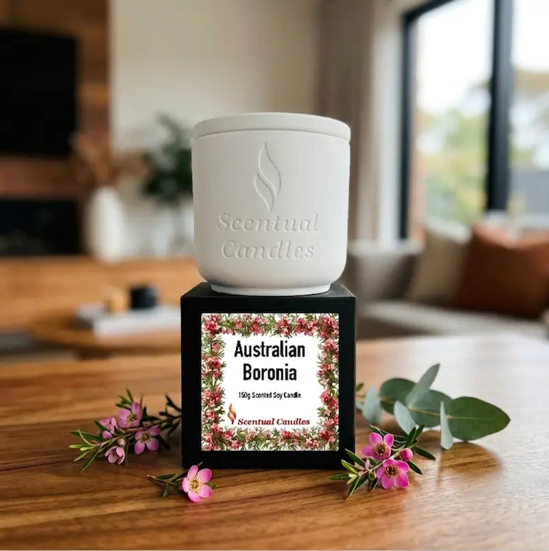 Scented Soy Candle with floral design, featuring Australian Boronia fragrance, 150g size.