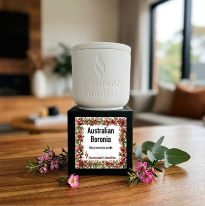 Scented Soy Candle with floral design, featuring Australian Boronia fragrance, 150g size.
