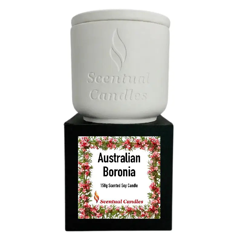 Scented Soy Candle with floral design, featuring Australian Boronia fragrance, 150g size.