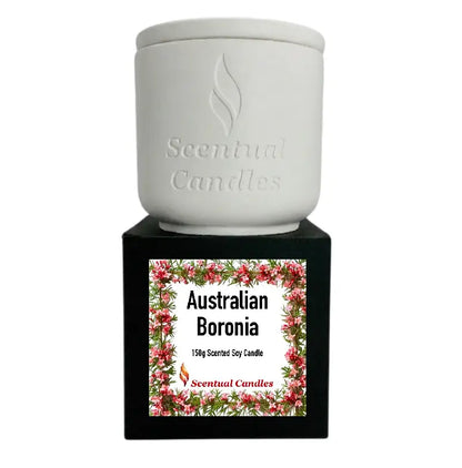 Scented Soy Candle with floral design, featuring Australian Boronia fragrance, 150g size.