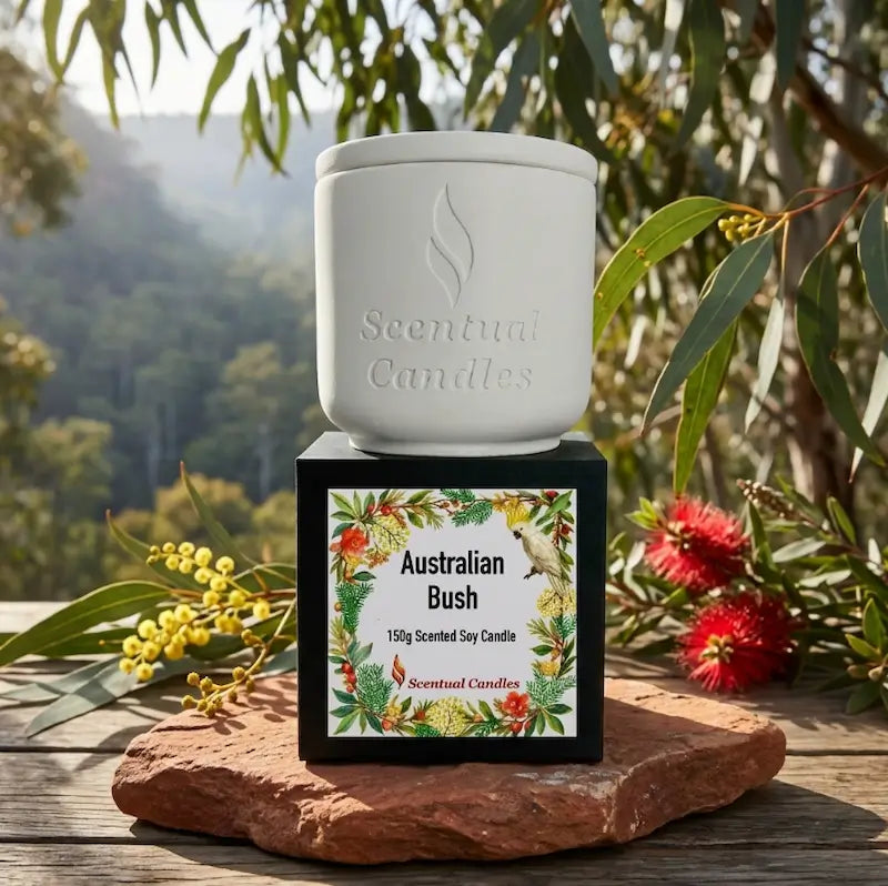 Australian Bush Candle – 150g scented soy candle in a stylish ceramic container by Scentual Candles.