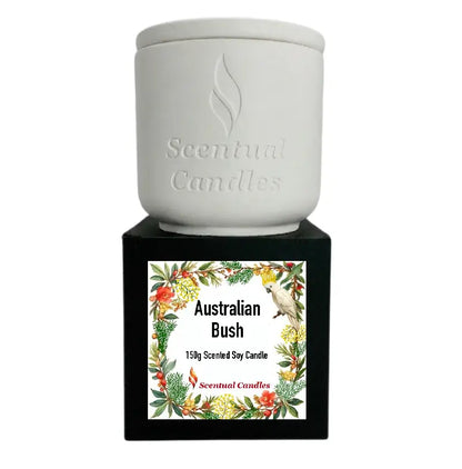 Australian Bush Candle – 150g scented soy candle in a stylish ceramic container by Scentual Candles.