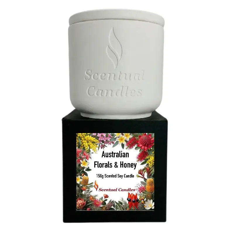 Australian Florals and Honey scented soy candle on display, showcasing Australian floral designs.