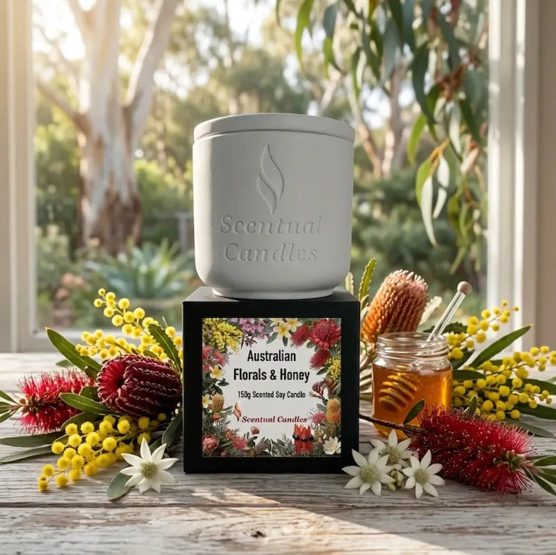 Australian Florals and Honey scented soy candle on display, showcasing Australian floral designs.