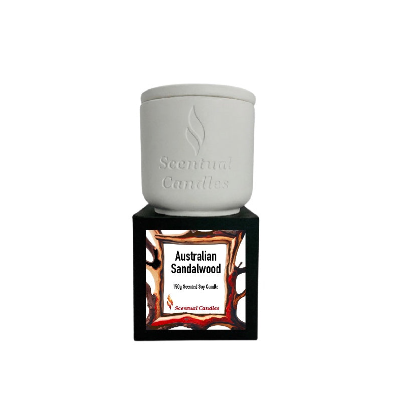 Living Room Scented Candles featuring Australian Sandalwood 150g soy candle in decorative holder.
