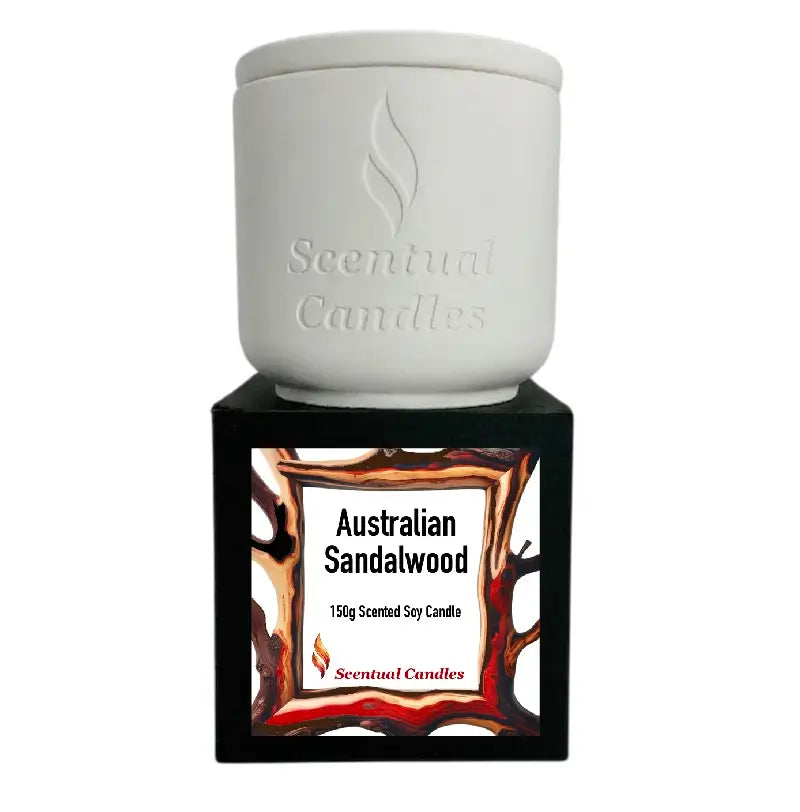 Masculine Candles - Australian Sandalwood 150g Scented Soy Candle in elegant packaging