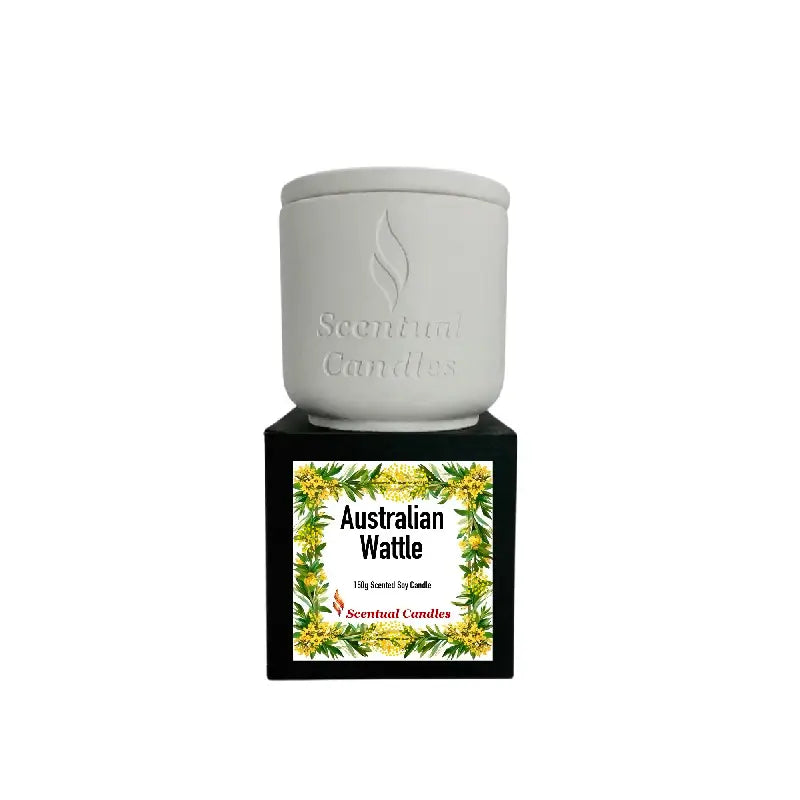 Australian Botanicals scented candle featuring Australian Wattle fragrance in a sleek white container.
