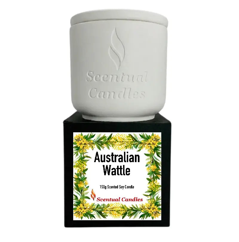 Australian Wattle Scented Soy Candle in a decorative container with floral design and branding.