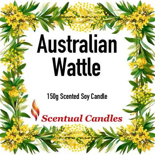 Australian Wattle scented soy candle by Scentual Candles, featuring Australian Florals in a vibrant design.