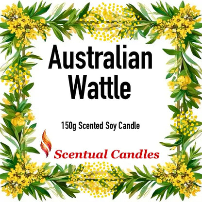 Australian Wattle scented soy candle by Scentual Candles, featuring Australian Florals in a vibrant design.