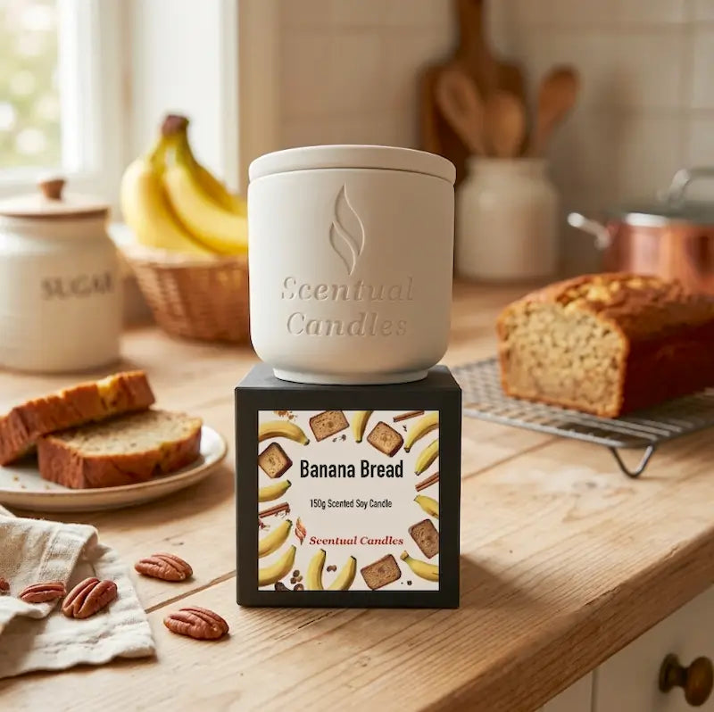 Banana Bread Candle in a decorative jar with a label, featuring images of bananas, bread, and spices.