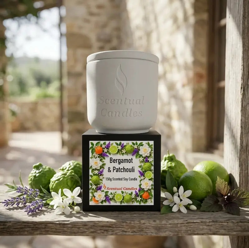 Bergamot Candle with Patchouli in a decorative pot, featuring vibrant floral designs and scent details.