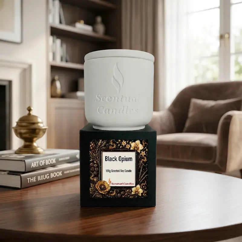 Black Opium Candle in a white ceramic jar on a decorative black box with floral design.