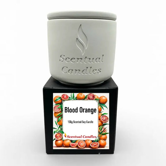 Blood Orange soy candle from Citrus Candles Set, featuring a luxurious scent and elegant packaging, 150g.