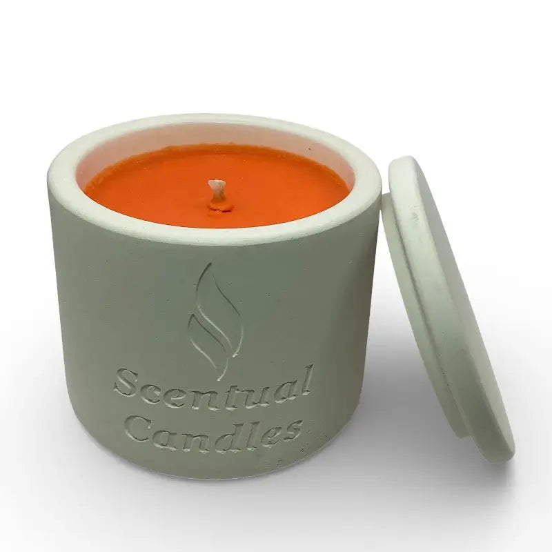 Blood Orange Candle in white container with lid, vibrant citrus scent with blood orange, bergamot, lemon zest, scented soy candle