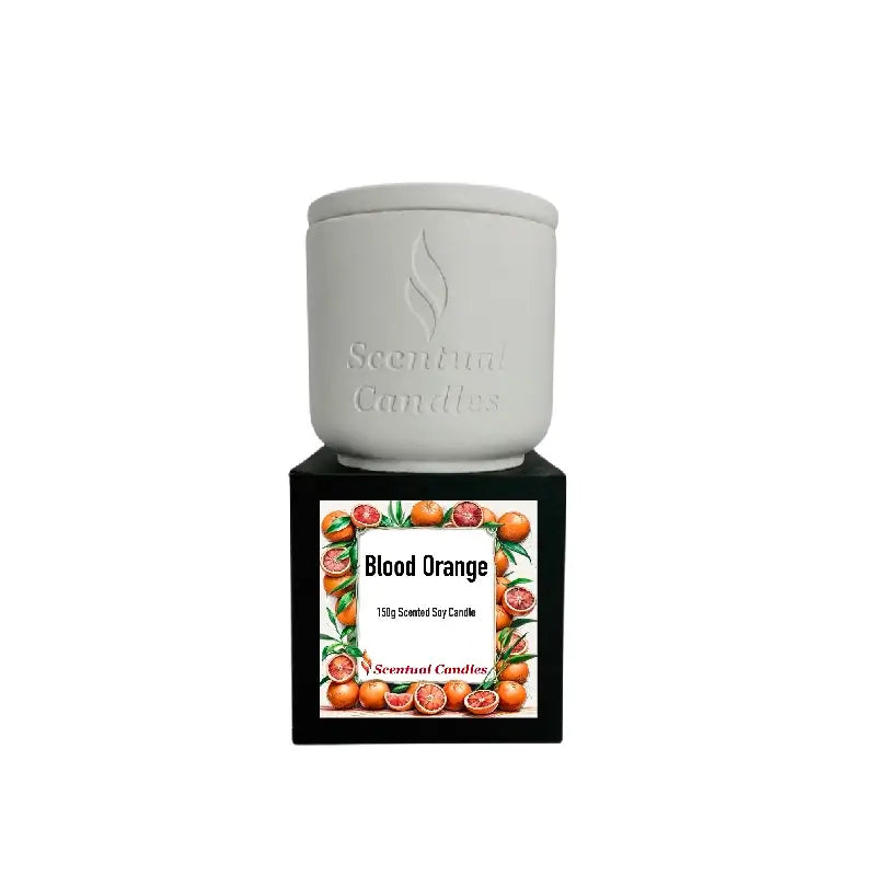 Fresh Scented Candle in white jar labeled Blood Orange, perfect for adding a vibrant aroma to any space.