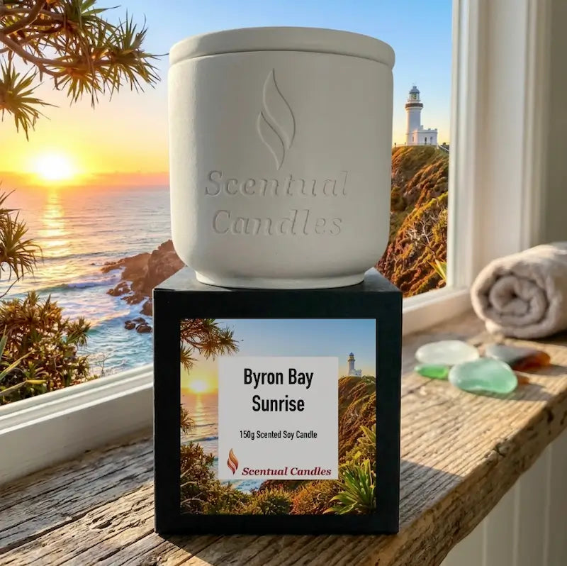 Byron Bay Candle with Cape Byron sunrise backdrop, featuring Byron Bay Sunrise scent, 150g scented soy candle by Scentual Candles.