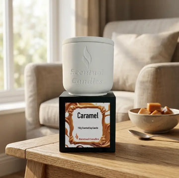Caramel Candle in a white jar, 150g scented soy candle from Scentual Candles.