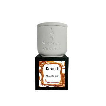 Caramel Candle in a white jar, 150g scented soy candle from Scentual Candles.