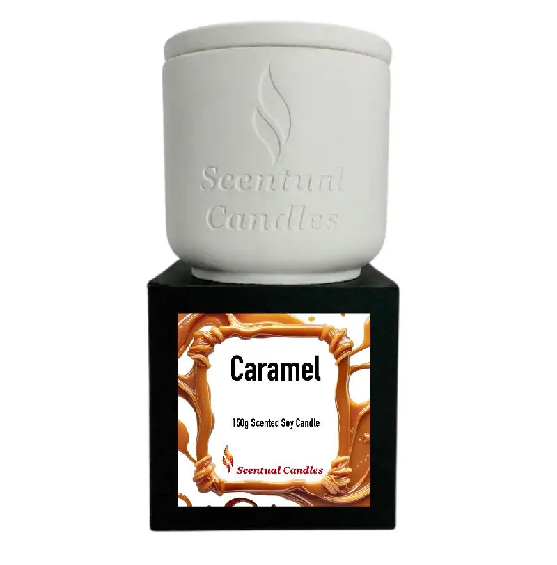 Caramel Candle in a white jar, 150g scented soy candle from Scentual Candles.