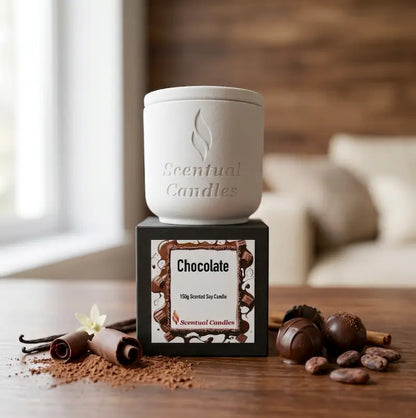 Chocolate Candle in a 150g jar by Scentual Candles, perfect for creating a warm and luxurious ambiance.