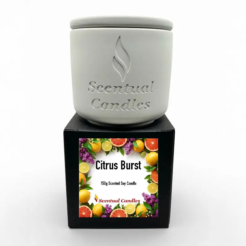 Citrus Candles Set Citrus Burst candle in decorative jar on box, 150g soy wax with citrus and floral design. Uplifting aroma.