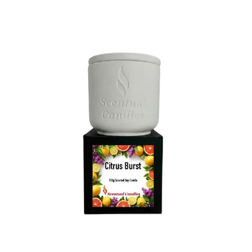 Citrus Candle product image featuring Citrus Burst, a 150g scented soy candle with vibrant citrus fruits and floral design.