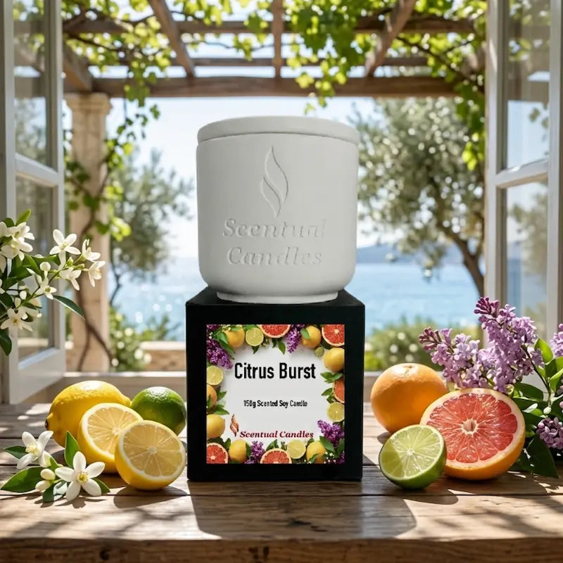 Citrus Candle product image featuring Citrus Burst, a 150g scented soy candle with vibrant citrus fruits and floral design.