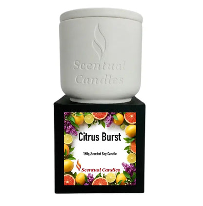 Citrus Candle product image featuring Citrus Burst, a 150g scented soy candle with vibrant citrus fruits and floral design.