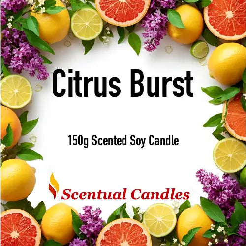 Citrus Candles Set image featuring Citrus Burst 150g scented soy candle with vibrant citrus fruits and florals background.