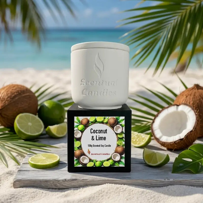 Coconut and Lime Candle in a decorative container, showcasing its tropical scent and creamy appearance.