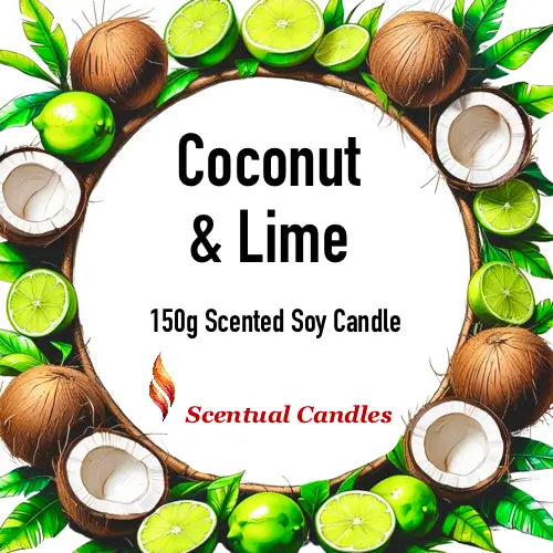 Fresh Scented Candle featuring Coconut & Lime scent in a vibrant, natural design; 150g Scented Soy Candle by Scentual Candles.