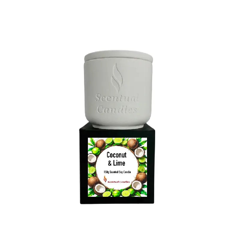 Coconut and Lime Candle in a decorative container, showcasing its tropical scent and creamy appearance.