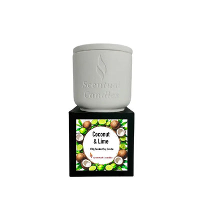 Coconut and Lime Candle in a decorative container, showcasing its tropical scent and creamy appearance.