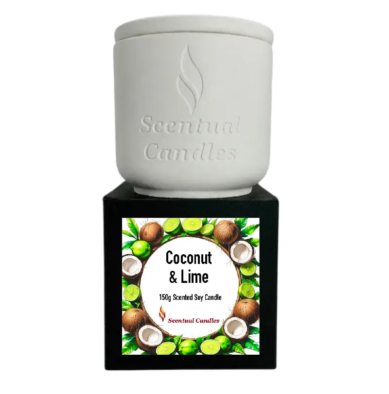 Masculine Candles with Coconut & Lime scent, featuring a sleek white container and vibrant label, perfect for modern home decor.