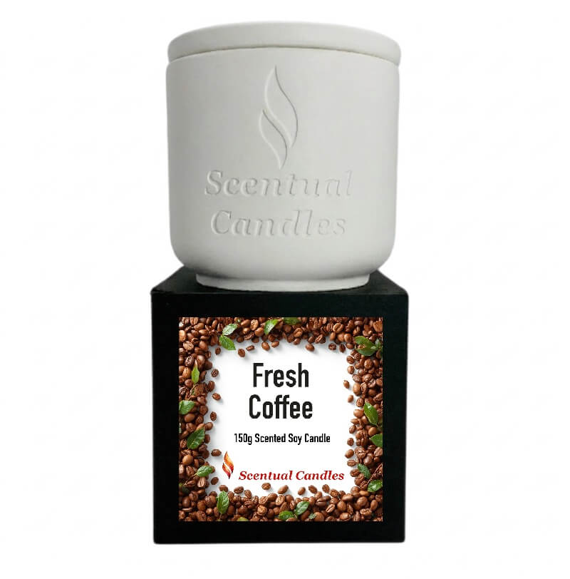 Coffee Scented Candle in a white container, featuring Fresh Coffee scent, perfect for creating a warm ambiance.