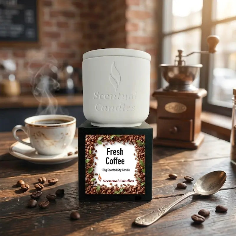 Coffee Scented Candle in a white container, featuring Fresh Coffee scent, perfect for creating a warm ambiance.