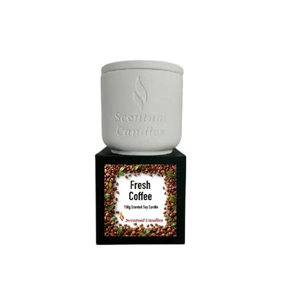 Coffee Scented Candle in a white container, featuring Fresh Coffee scent, perfect for creating a warm ambiance.