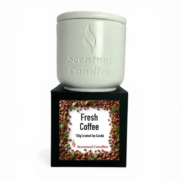 Coffee Scented Candle in a white pot, featuring a Fresh Coffee label and coffee beans design.