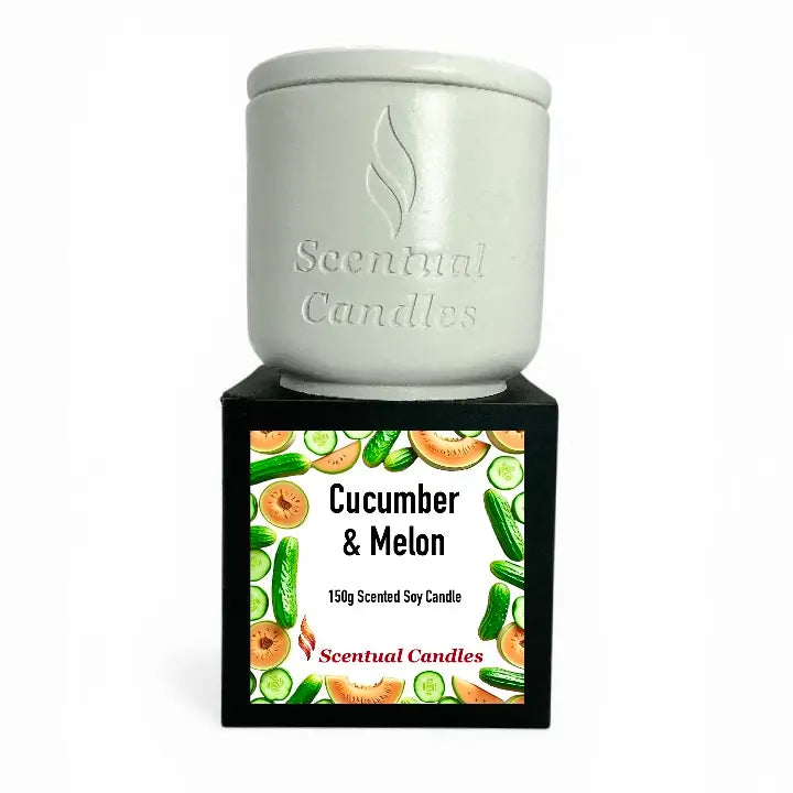 Cucumber and Melon Scented Soy Candle in a decorative holder, showcasing the refreshing scent experience.