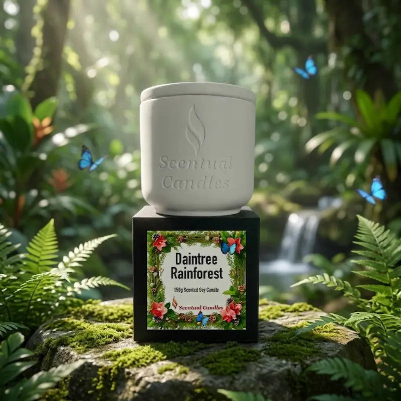 Pine Scented Candle inspired by Daintree Rainforest, set amidst lush greenery and tropical butterflies.