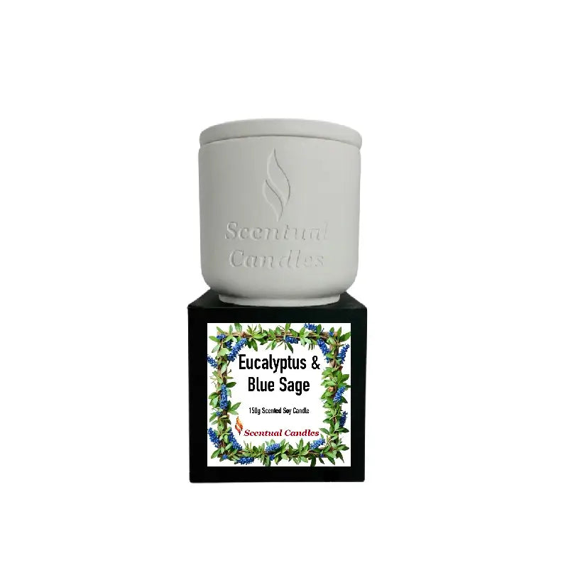 Eucalyptus Candle with Blue Sage in decorative container, part of the Scentual Candles collection.