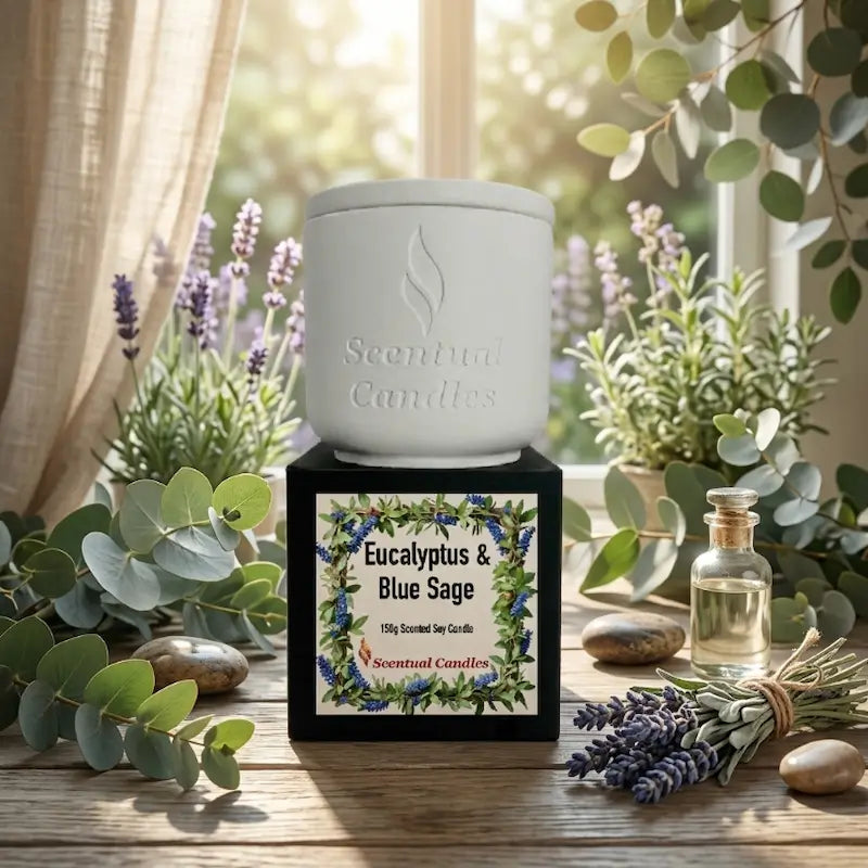 Eucalyptus Candle with Blue Sage in decorative container, part of the Scentual Candles collection.